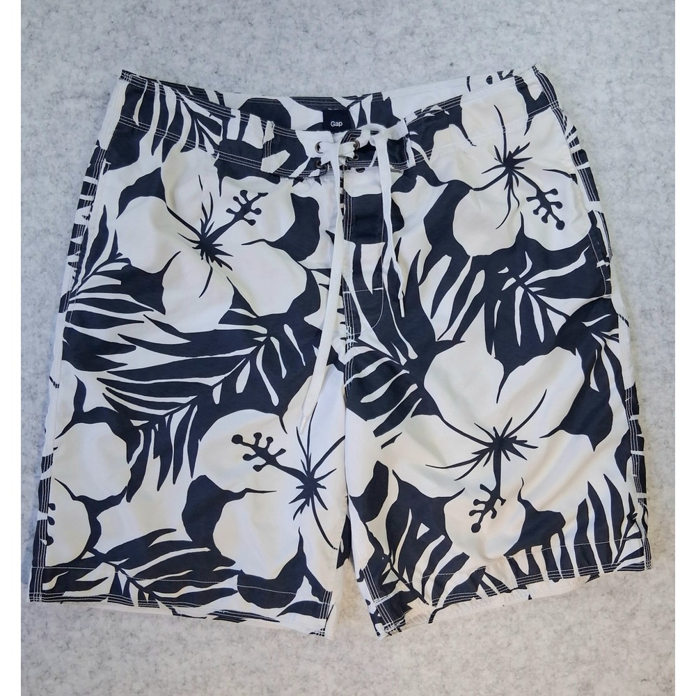 Gap Men L Navy Blue White Floral Hibiscus Mesh Lined Swim Trunks Board Shorts